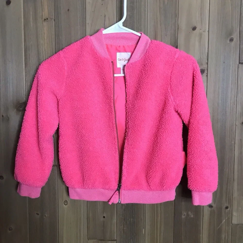 Cat & Jack Kids Girls S (6/6X) Fushia Pink Sherpa Fleece Full Zip Bomber Jacket